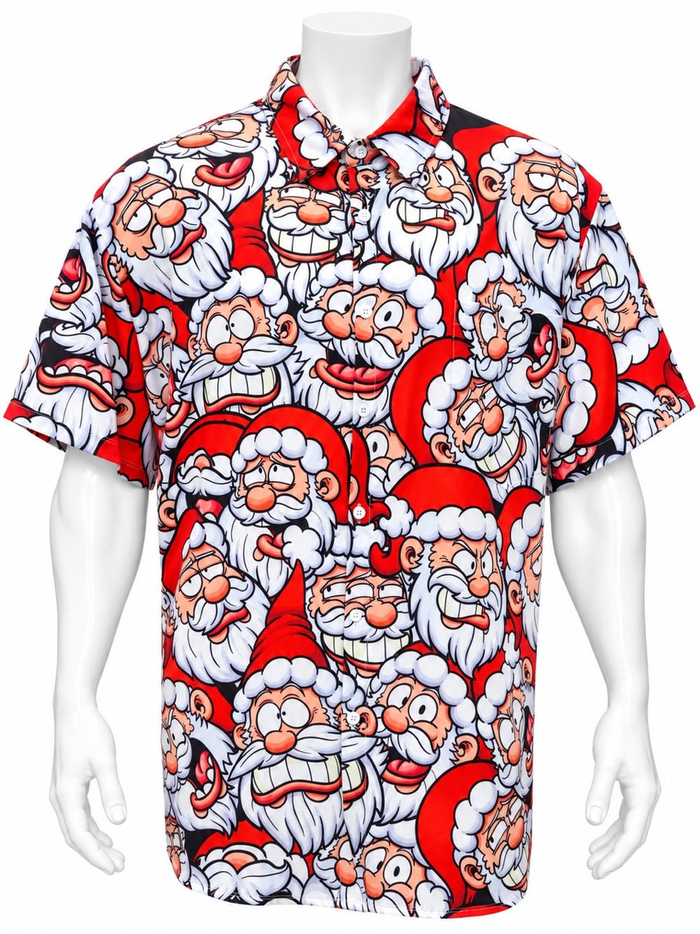 Christmas All Over Santa Claus Funny Faces Red Short Sleeve Hawaiian Shirt 3X